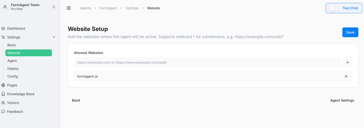 Website Settings Screen
