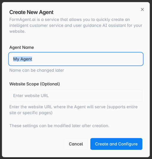 Agent creation screen